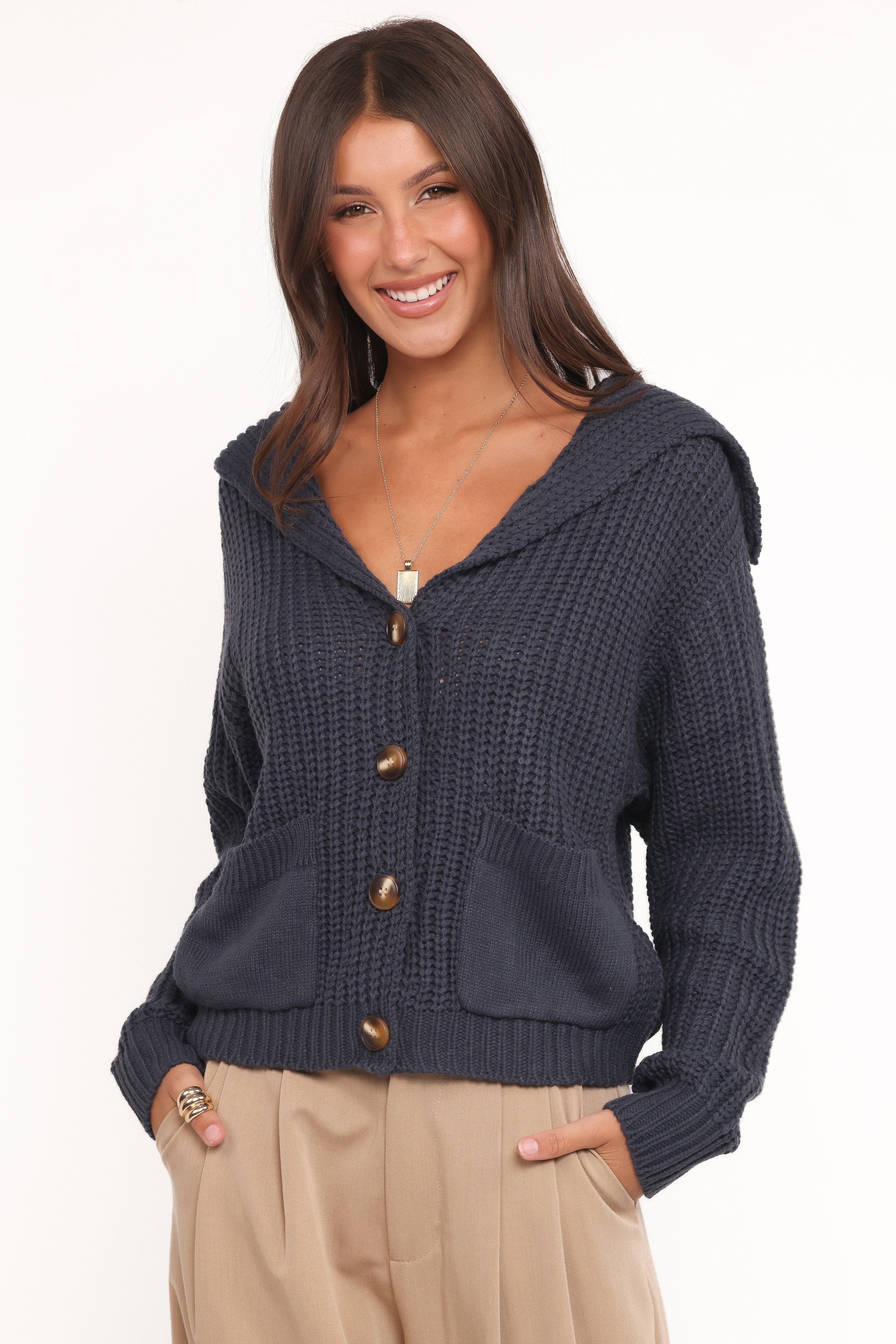 Amelia Oversize Collar Button Cardigan - Navy
