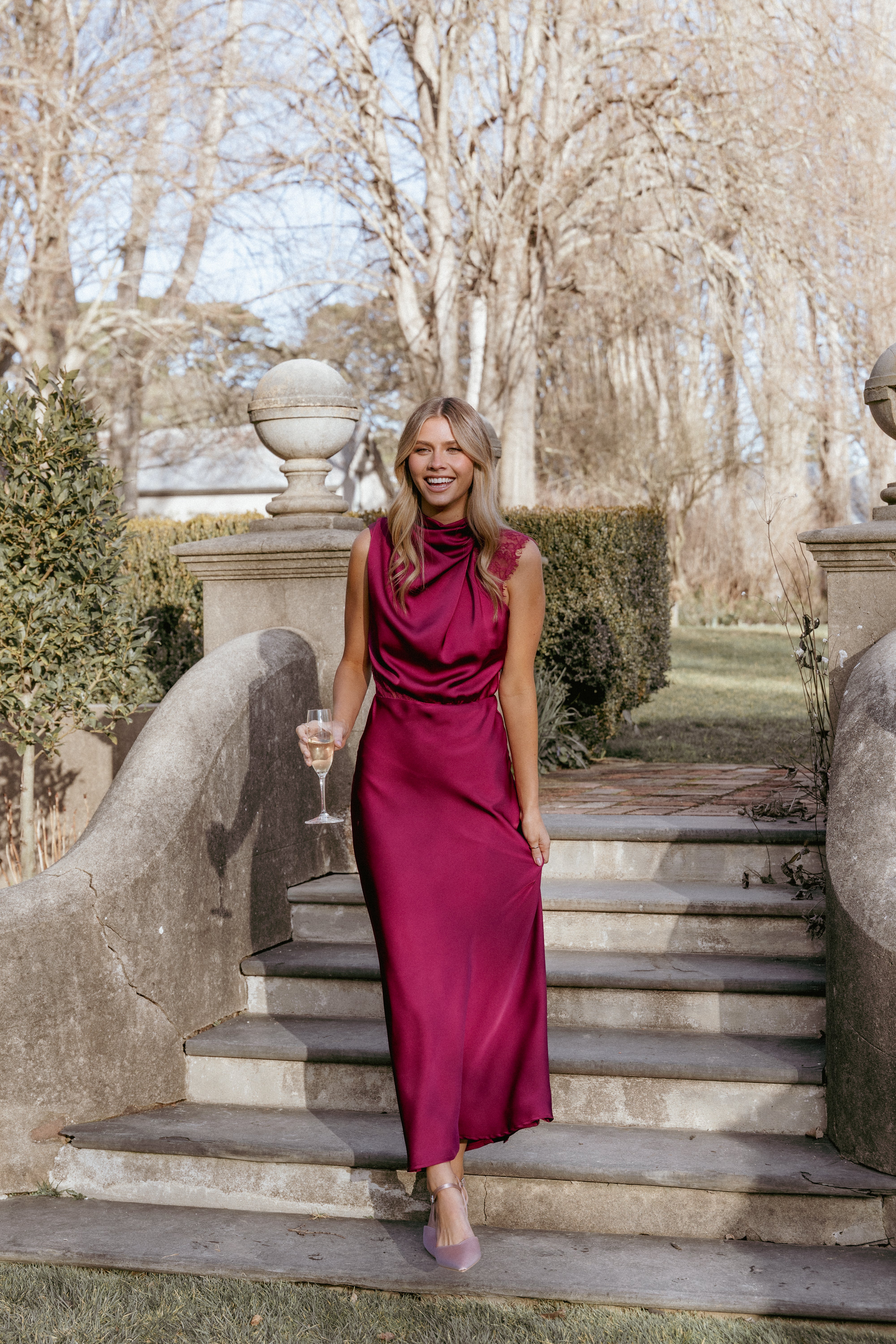 Anabelle Halter Neck Lace Maxi Dress - Berry