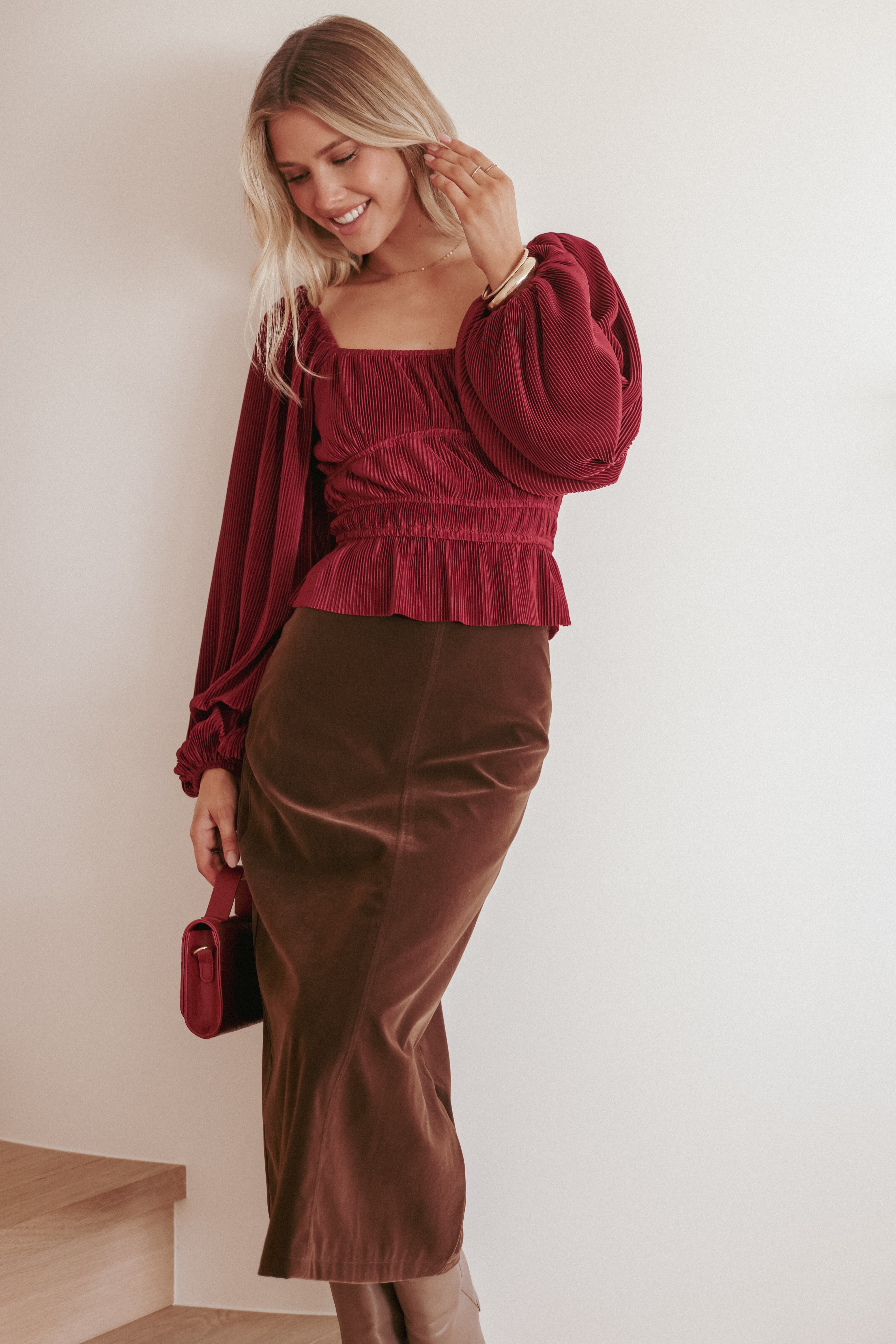 Ceppia Plisse Top - Burgundy