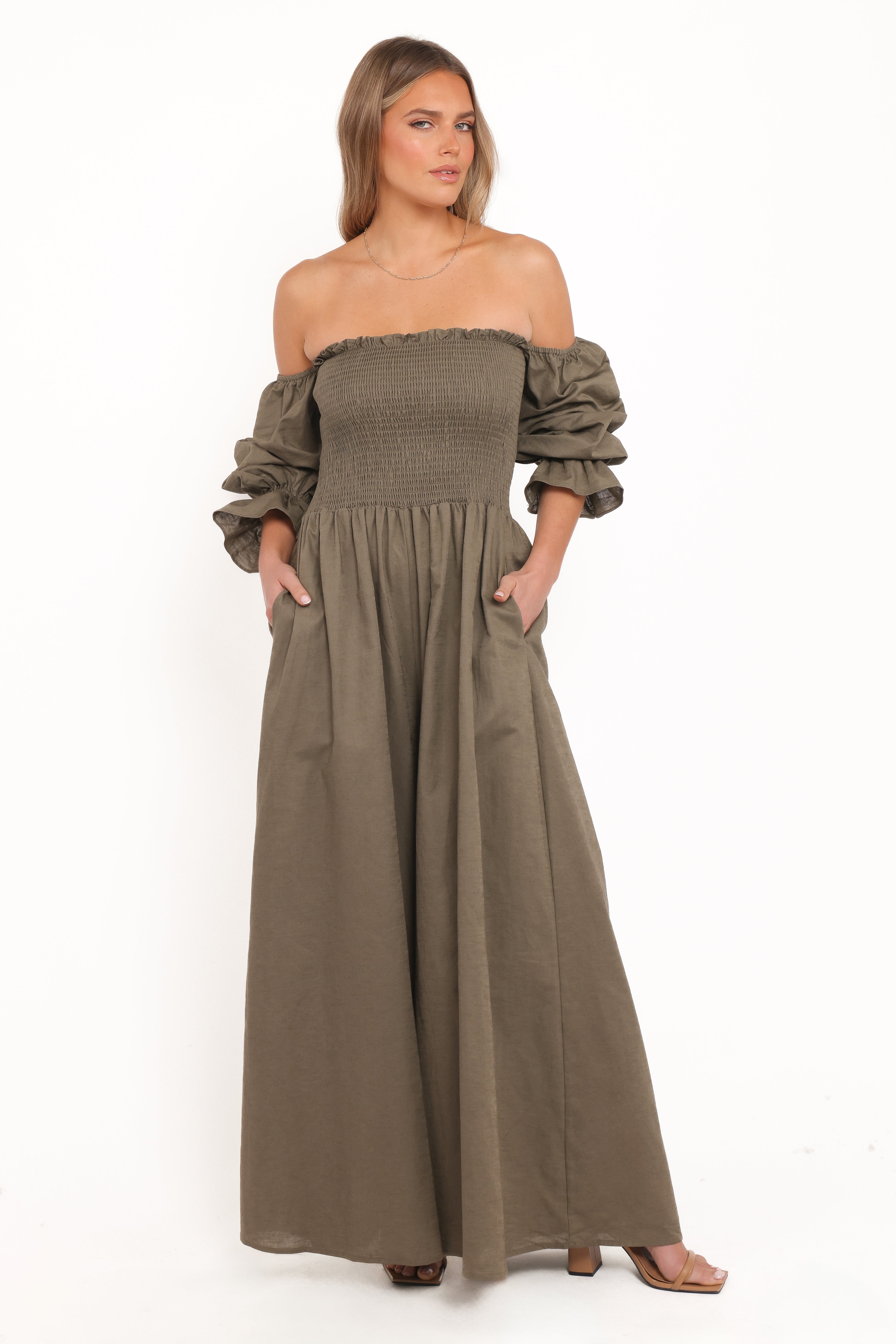 Domenica Shirred Long Sleeve Jumpsuit - Olive