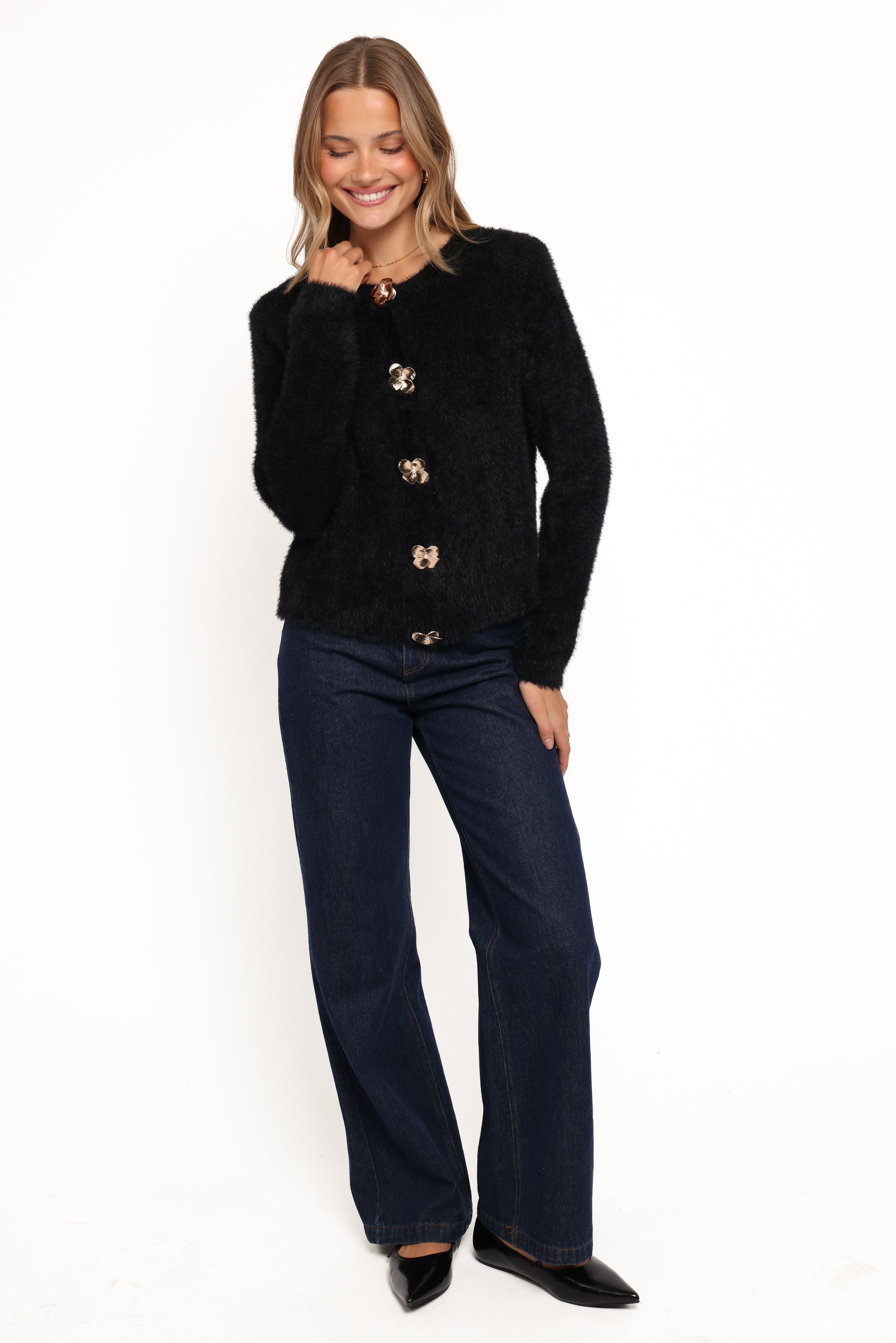 Donna Flower Button Cardigan - Black