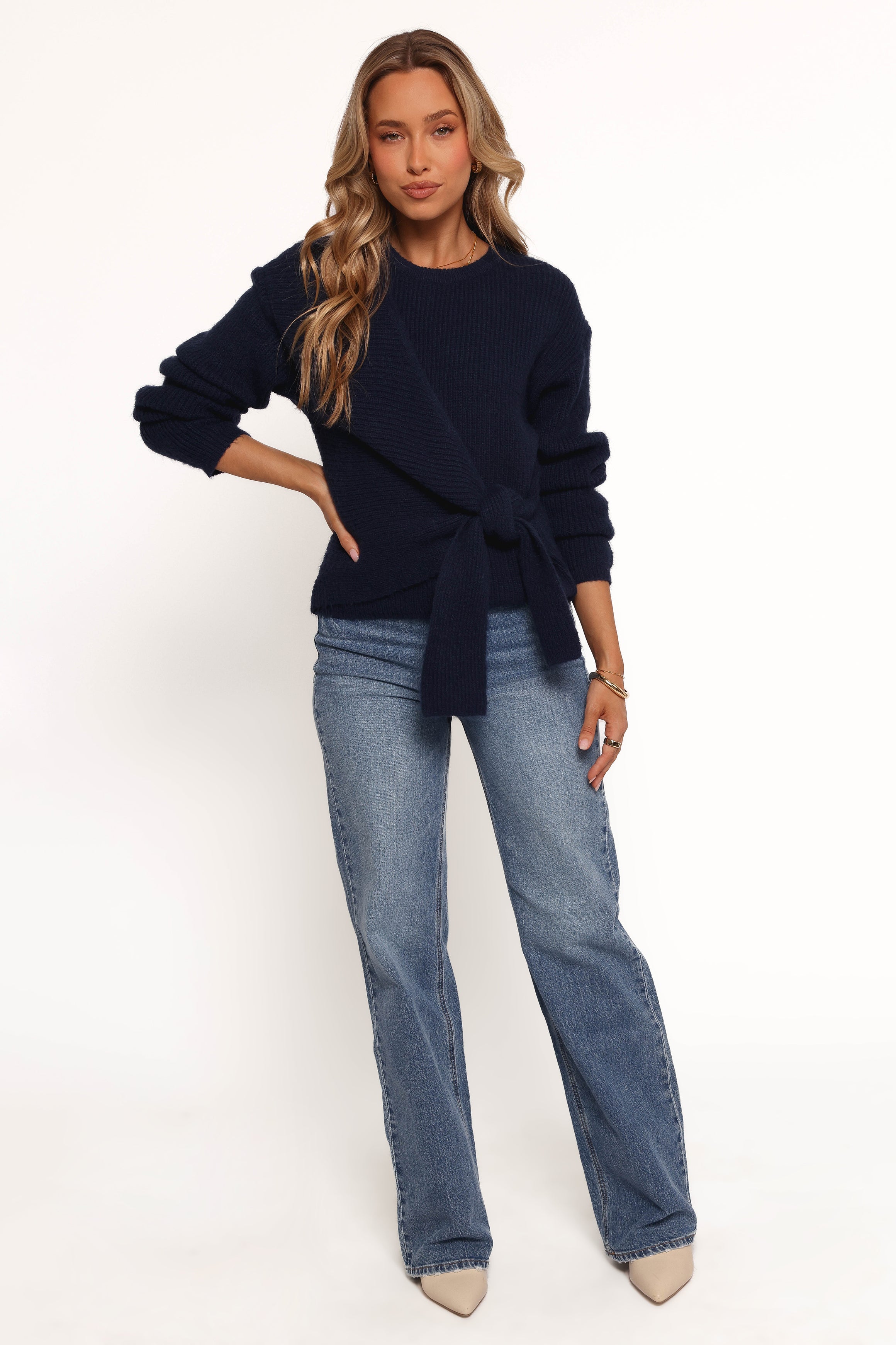 Ettie Wrap Side Tie Knit Sweater - Navy (Hold for Rack)