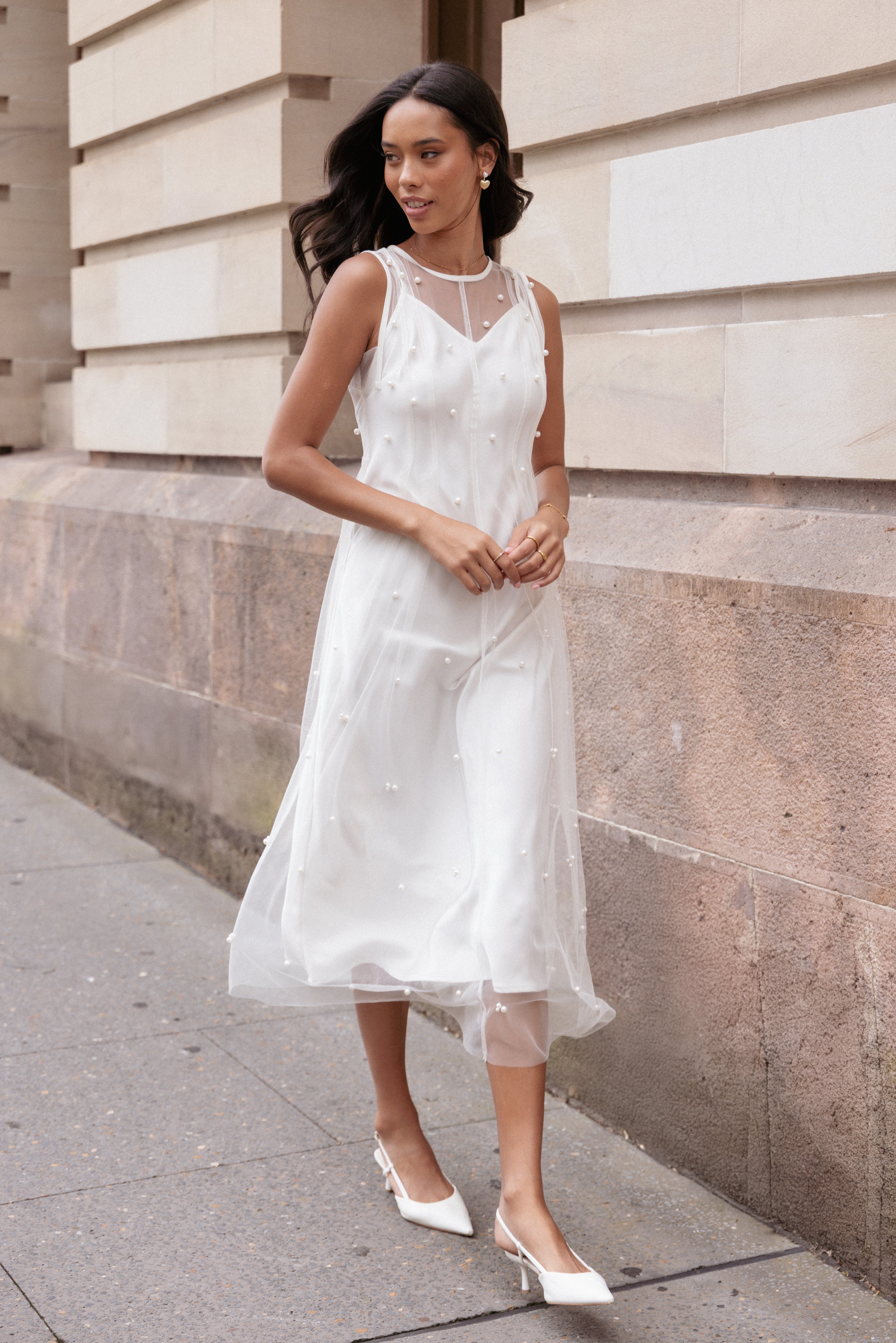 Yulia Pearl Midi Dress - Ecru