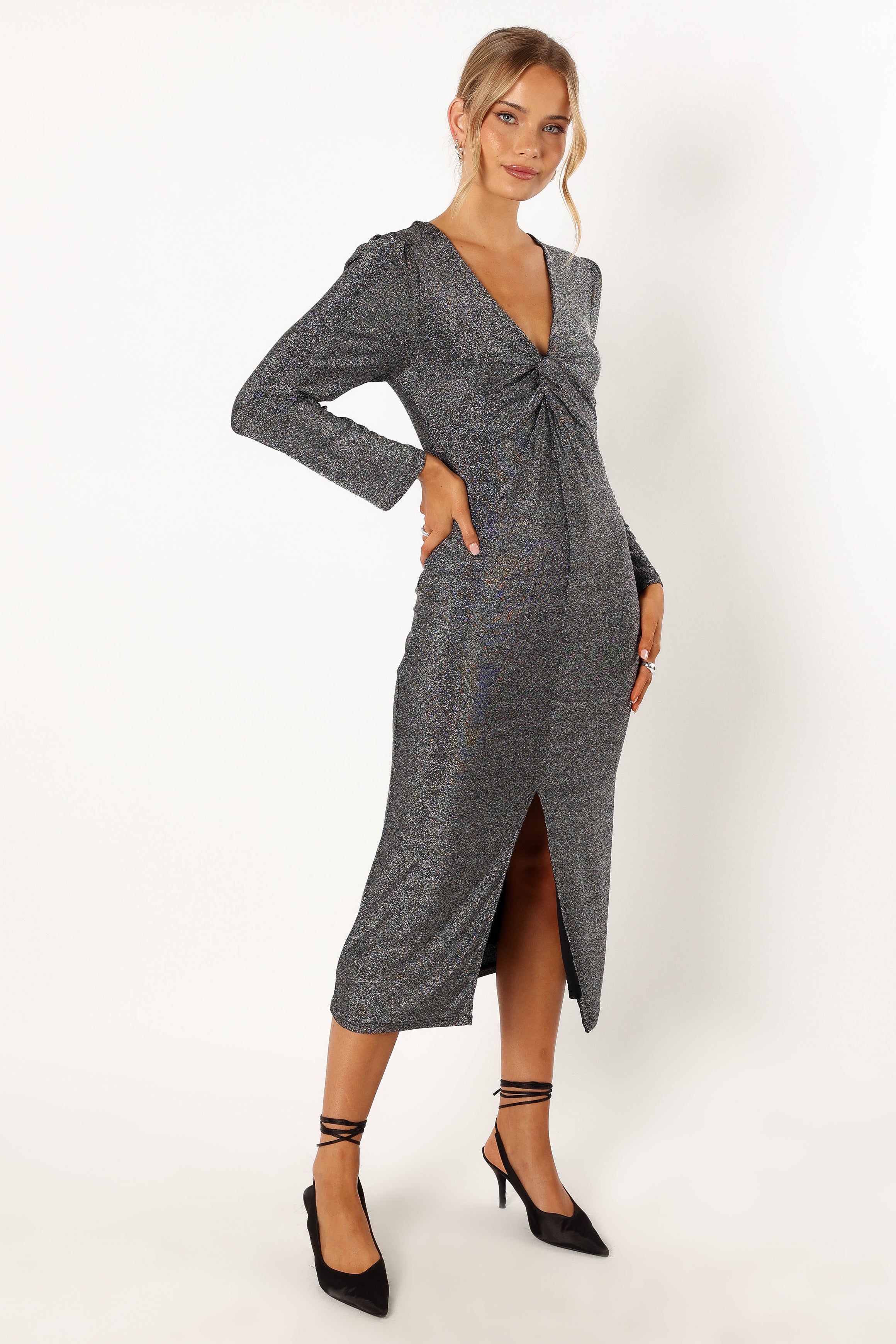 Petal and Pup USA DRESSES Luminate Long Sleeve Midi Dress - Silver