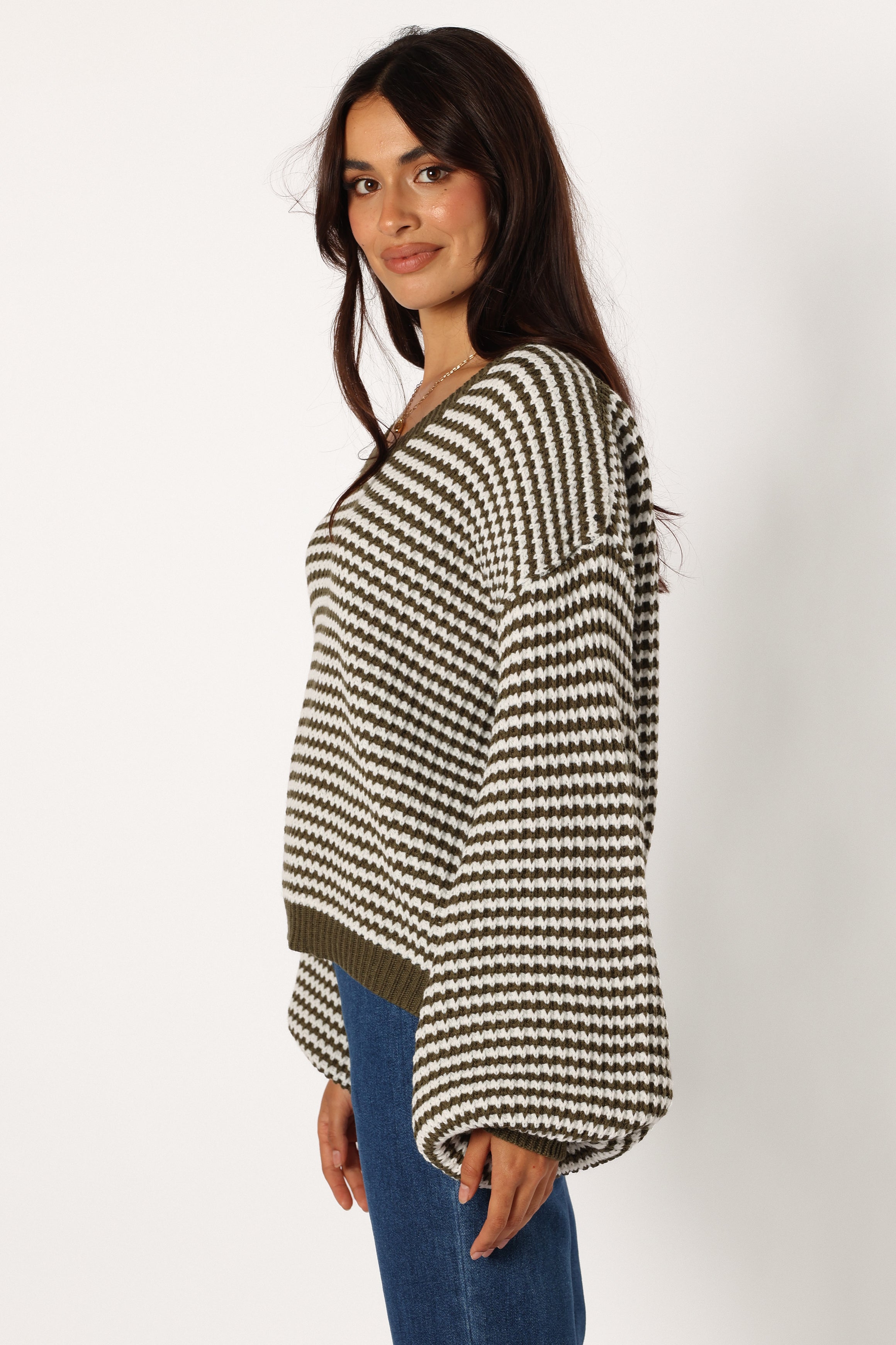 Petal and Pup USA KNITWEAR Becca Crewneck Waffle Stitch Stripe Knit Sweater - Olive