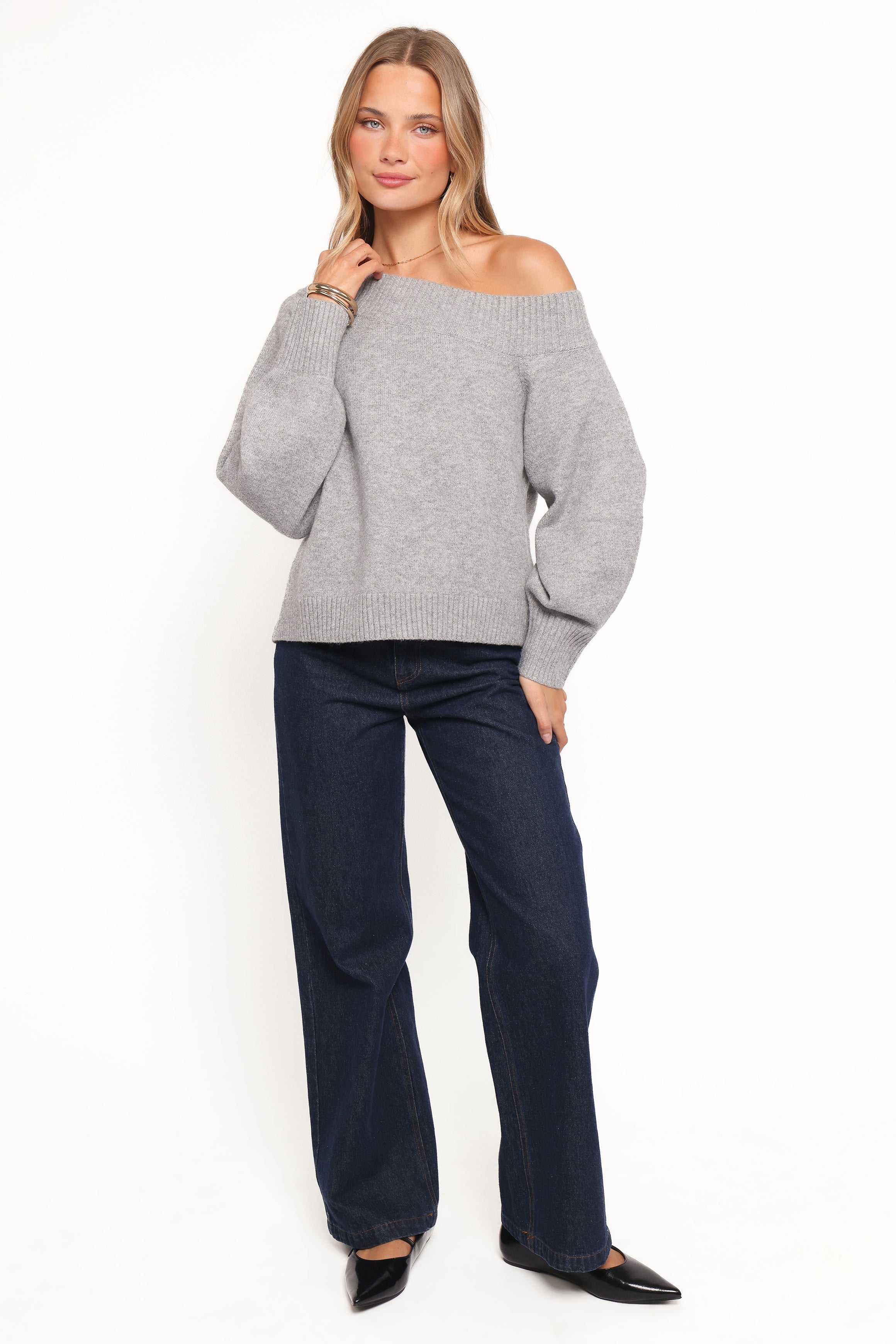 Ailis Off Shoulder Sweater - Grey