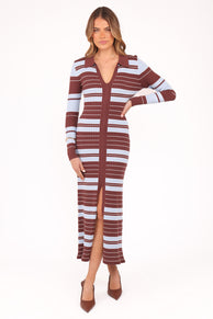 Eliana Long Sleeve Midi Dress - Brown Blue Stripe