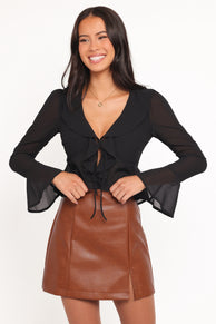 Elora Chiffon Ruffle Front Top - Black