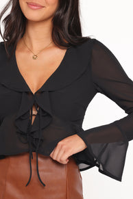 Elora Chiffon Ruffle Front Top - Black