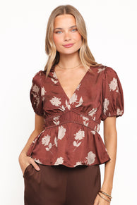 Griffin Peplum Blouse - Brown Floral