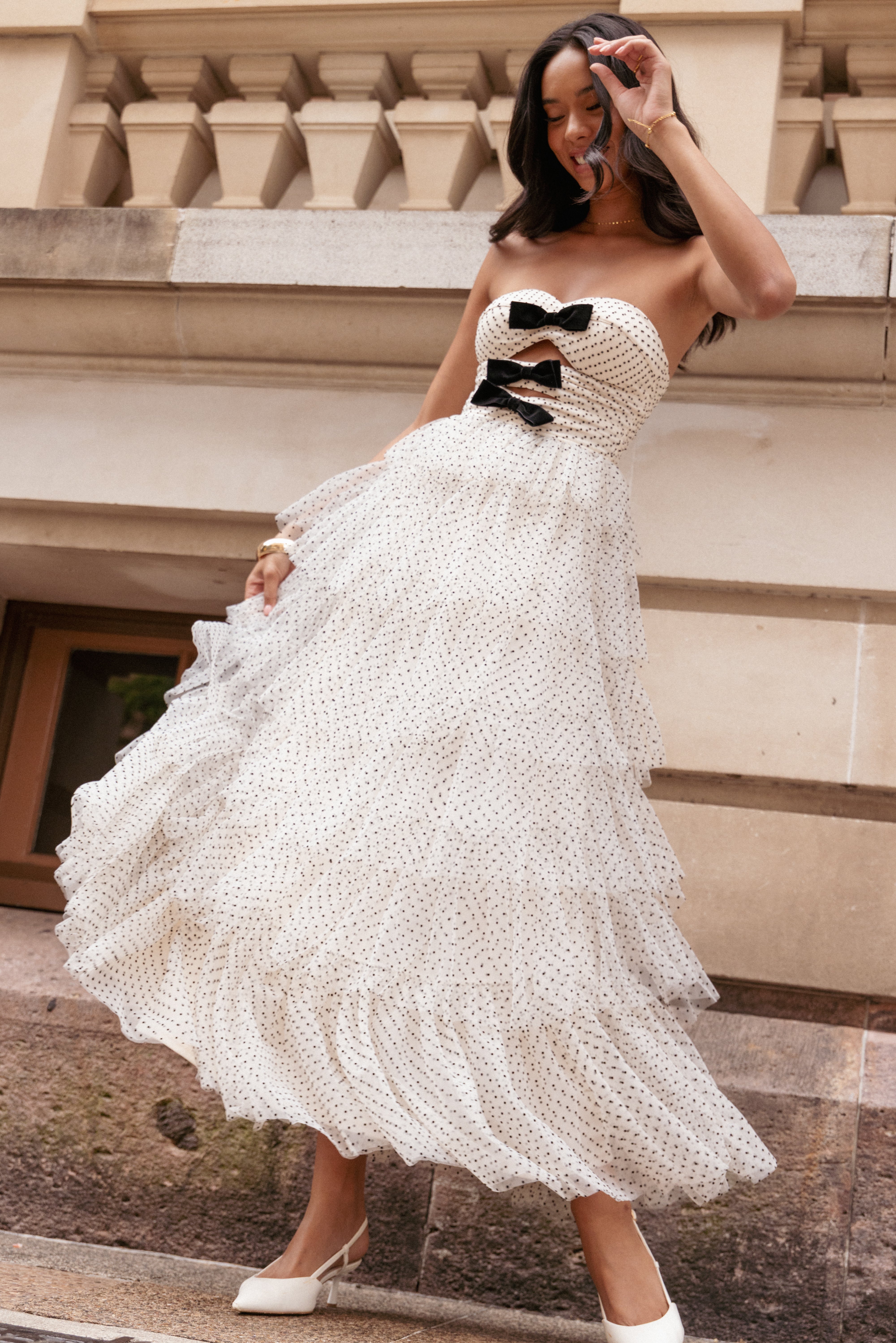 Kelari Strapless Midi Dress - Cream Polka Dot