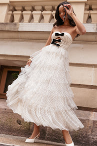 Kelari Strapless Midi Dress - Cream Polka Dot
