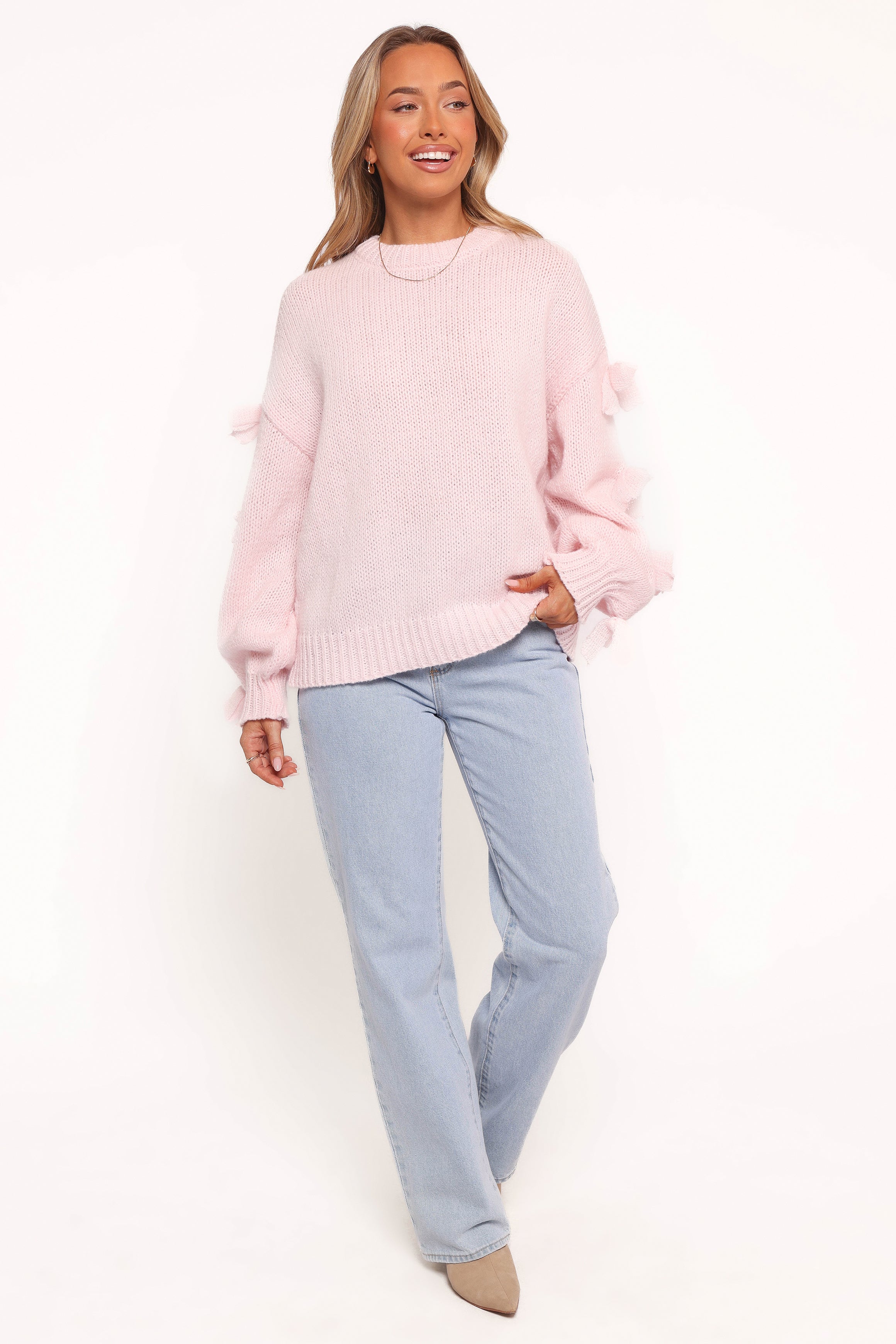 Lover Tie Sleeve Knit Sweater - Pink