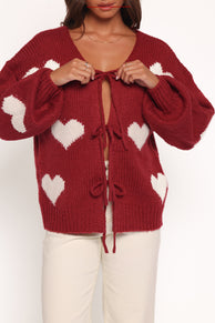 Nadine All Over Heart Tie Front Cardigan - Wine