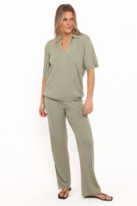 Yulissa Wide Ribbed Pant Set - Khaki Green
